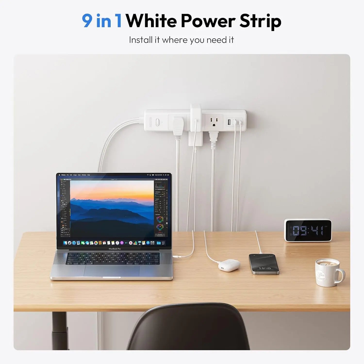 6 AC Outlet Power Strip with 3 USB Ports (1 USB-C) & 25FT Extension Power Cord Surge Protector & Network Filter US Plug
