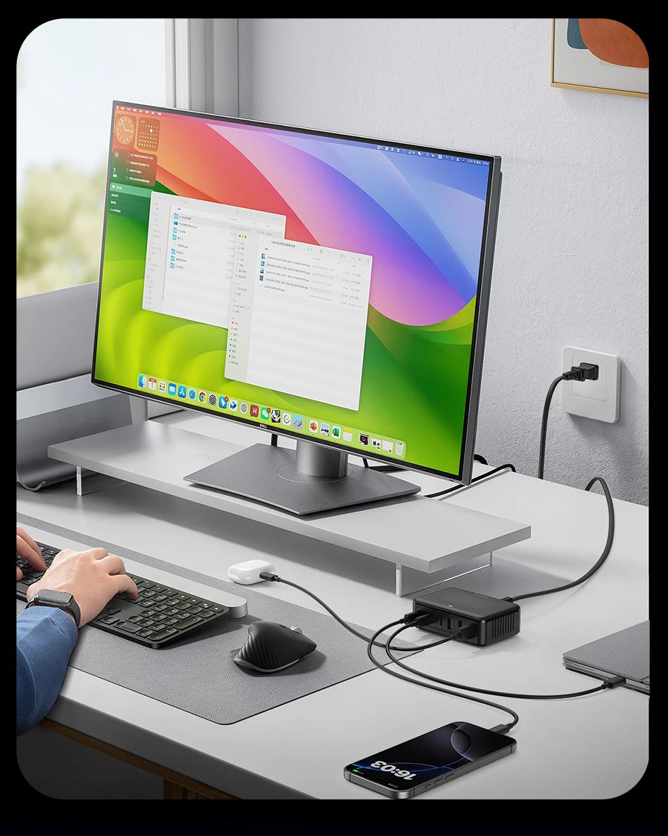 Rocoren USB Charger 100W GaN Charger 6-ports Desktop Fast Charging Type C Charger Portable Power Station For iPhone Xiaomi POCO