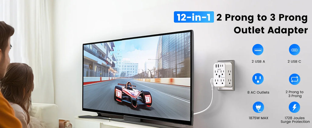 2 Prong to 3 Prong Outlet Adapter with TV displaying a racing game
