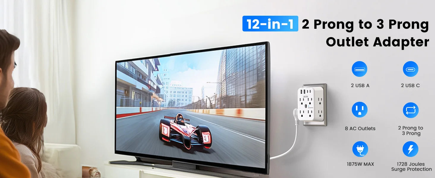 2 Prong to 3 Prong Outlet Adapter with TV displaying a racing game