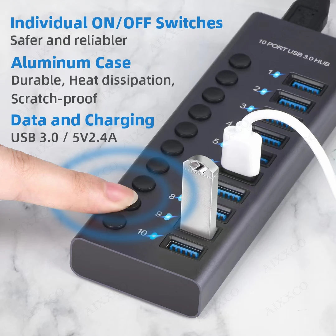 4-AIXXCO 10 Ports USB3.0 Splitter Computer Extender USB HUB 2.4A Fast Charging PD Port External 12V Power Supply