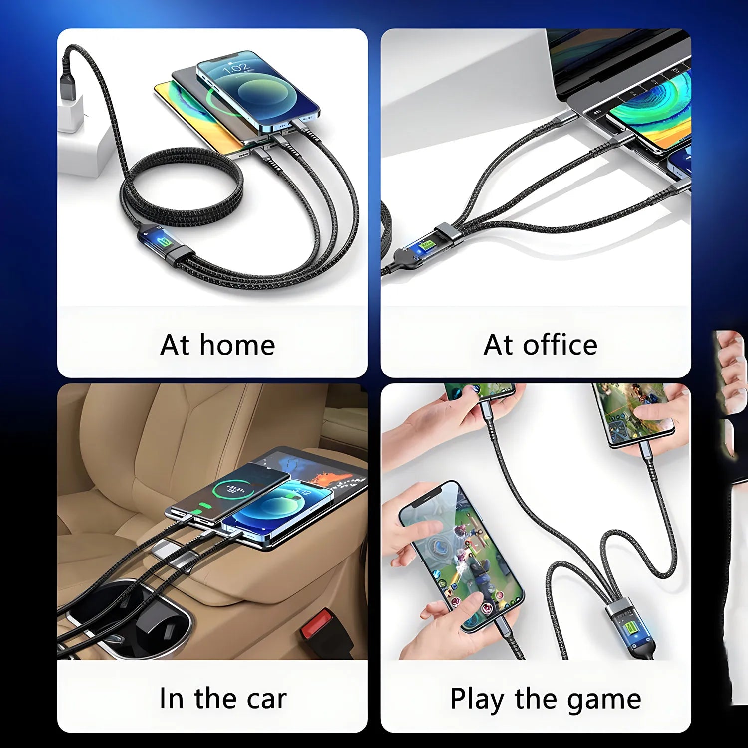 4-3-in-1 Braided Fast Charging Cable – USB-A to Type-C, Lightning & Micro USB (6A)