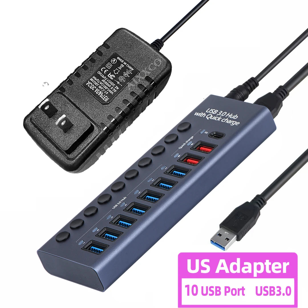 4-AIXXCO 10 Ports USB3.0 Splitter Computer Extender USB HUB 2.4A Fast Charging PD Port External 12V Power Supply