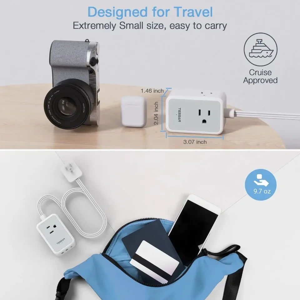 1-TESSAN Ultra Thin Extension Cord Power Strip with 3 USB 3 AC Adapter Mini Charging Station for Cruise Travel Office School Home