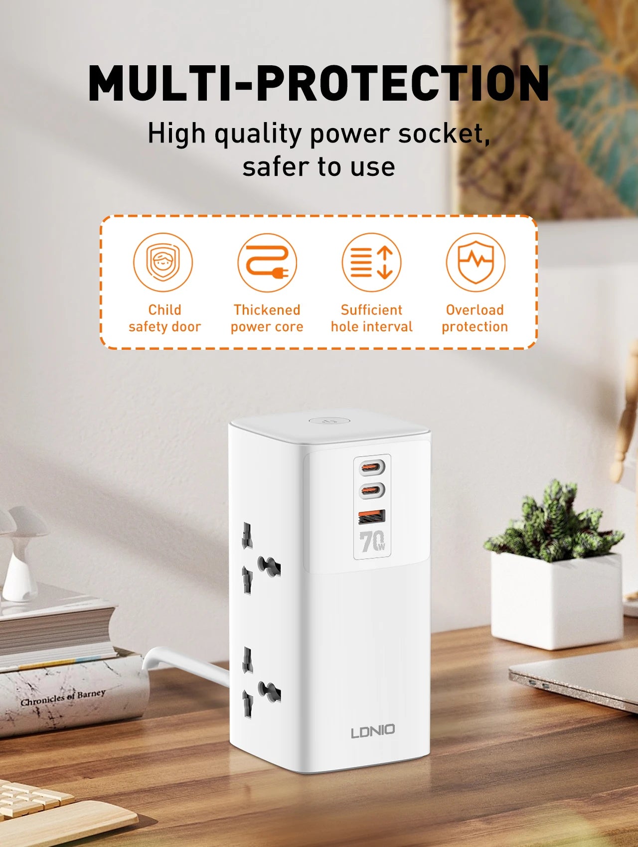 1-Tower 4 Way Outlets Socket 70W USB Multi Power Strip Vertical 2m Extension Power Cord UK EU US AU Plug with Overload Protector
