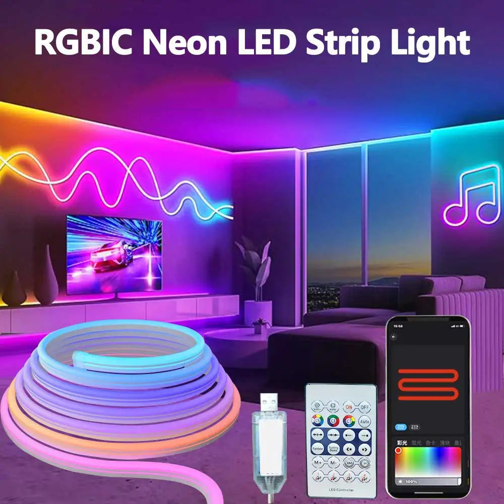 RGBIC Neon Strip Light Bluetooth Neon Led Strip Lights Smart 1M 2M 3M 5M Waterproof RGBIC Flex Ribbon Led Tape Music Sync