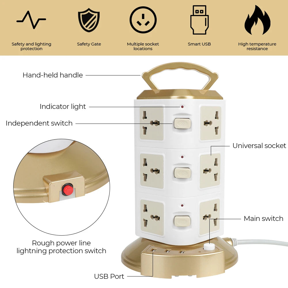 Universal Tower Power Strip (2500W) | 12 Outlets & 3 USB Ports