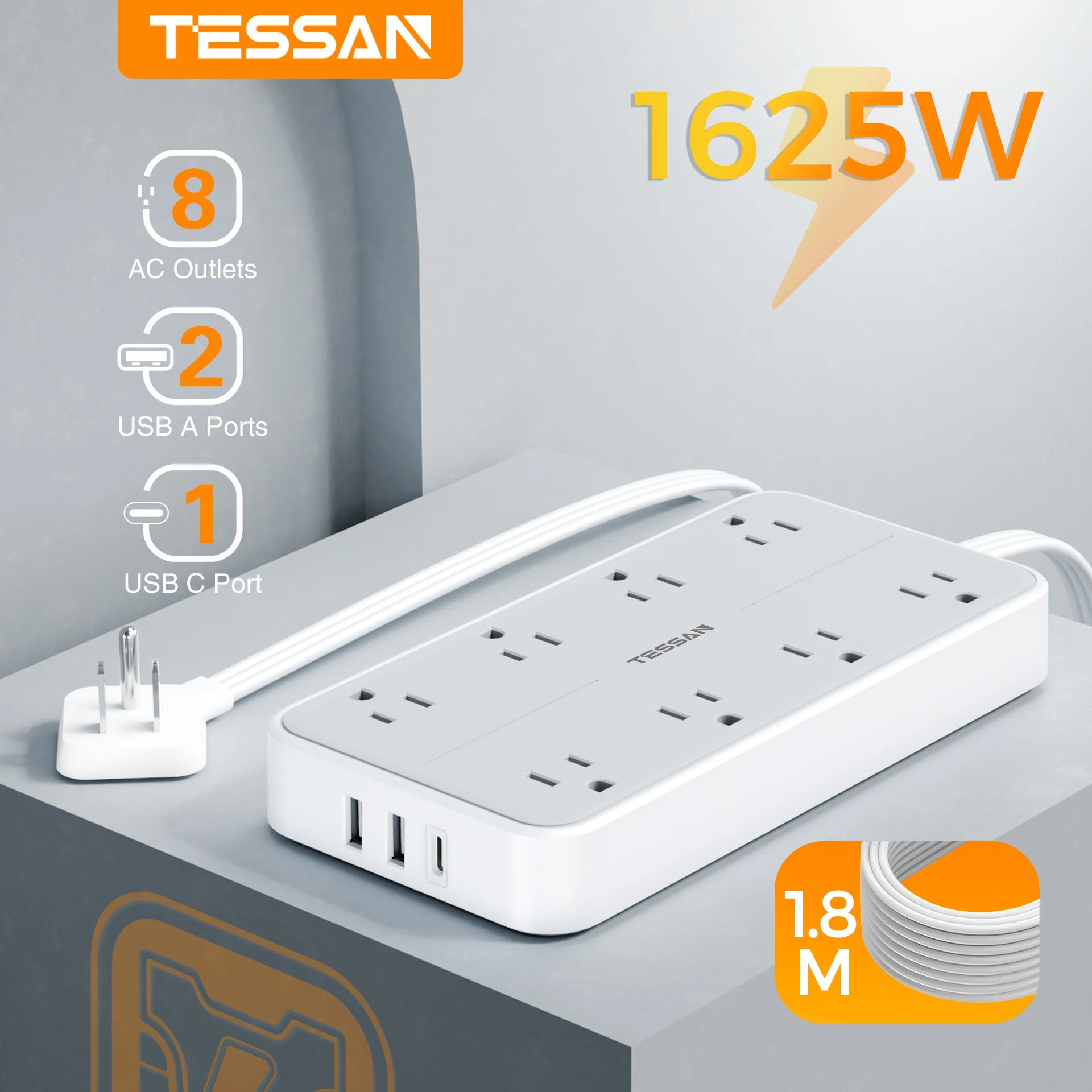 1-TESSAN Electrical Extension Flat Plug Type C Multi-Plug Strap Multi-Plug Connector with 8 AC Outlets and 3 USB Ports (1 Type C)