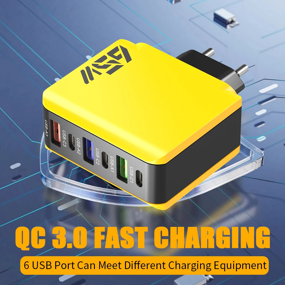65W USB C Wall Charger Fast Charger 6 Ports Quick Charge 3.0 Adapter for iPhone 13 14 15 Xiaomi Samsung Oppo Mobile US/EU Plug