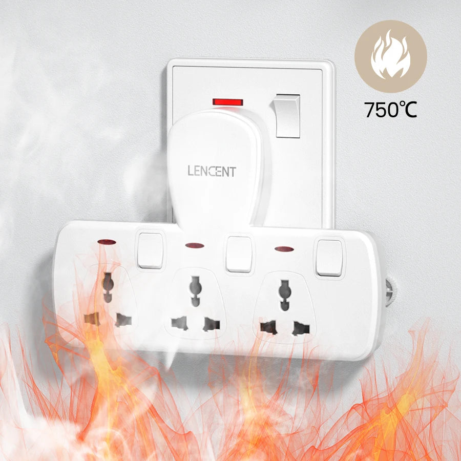 White electrical socket with fire effects and LENCENT branding on a gray background