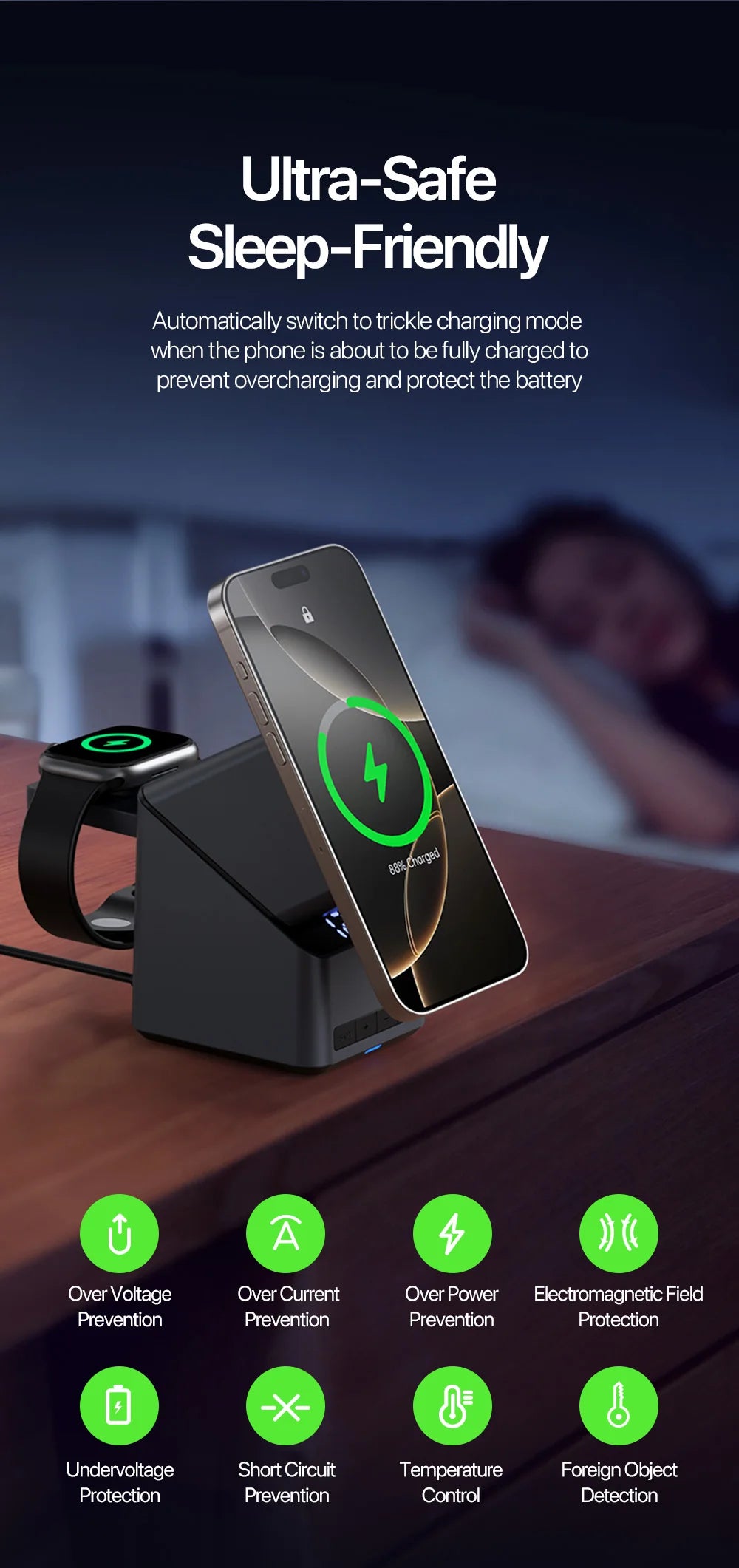 Magnetic 4 in 1 Auto Rotation Wireless Charger with Clock for Iphone 12-16 Series(15W), Apple Watch(2.5W) and Airpods (5W)