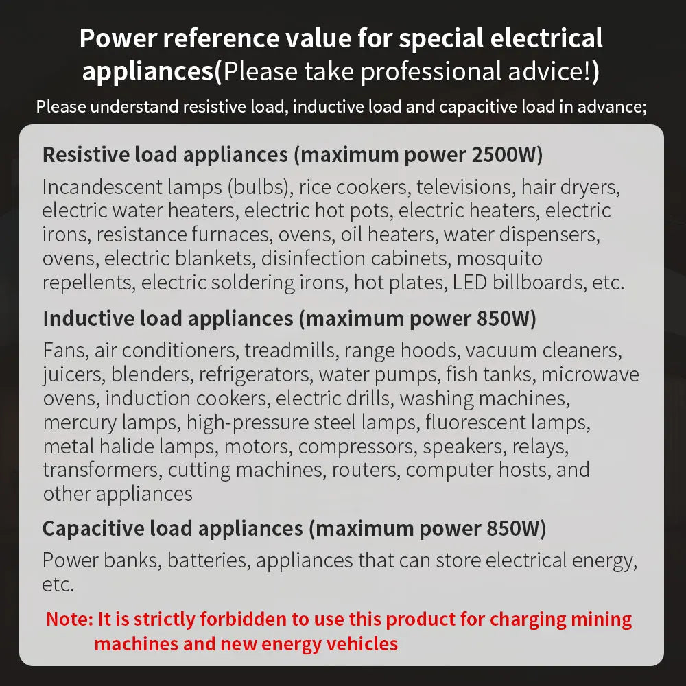 Technical label detailing power reference values for different types of electrical appliances.