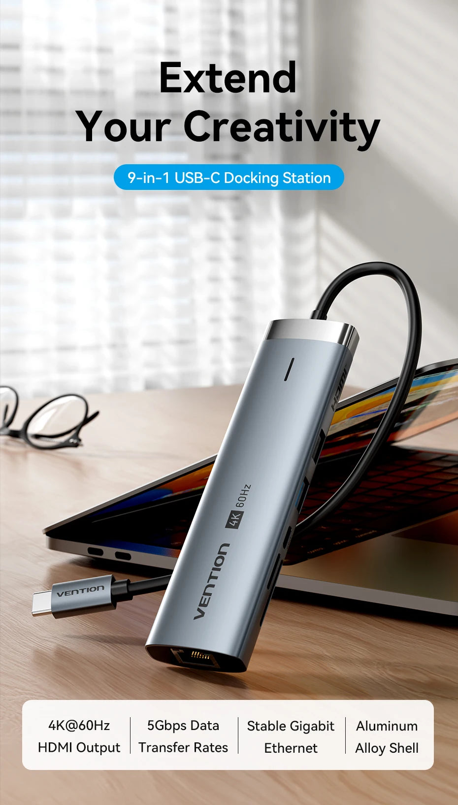 Vention 4K60Hz USB C HUB HDMI Adapter Type C to RJ45 Ethernet USB3.0 PD100W SD&TF for Laptop MacBook Pro Docking Station USB HUB