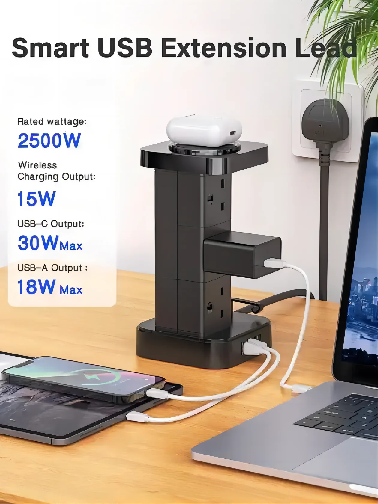 1-LDNIO Tower Power Strip with 6 Outlets +4 USB Ports + WIRELESS CHARGER 2M Power Cord, UK Plug Vertical Electric Socket for Home