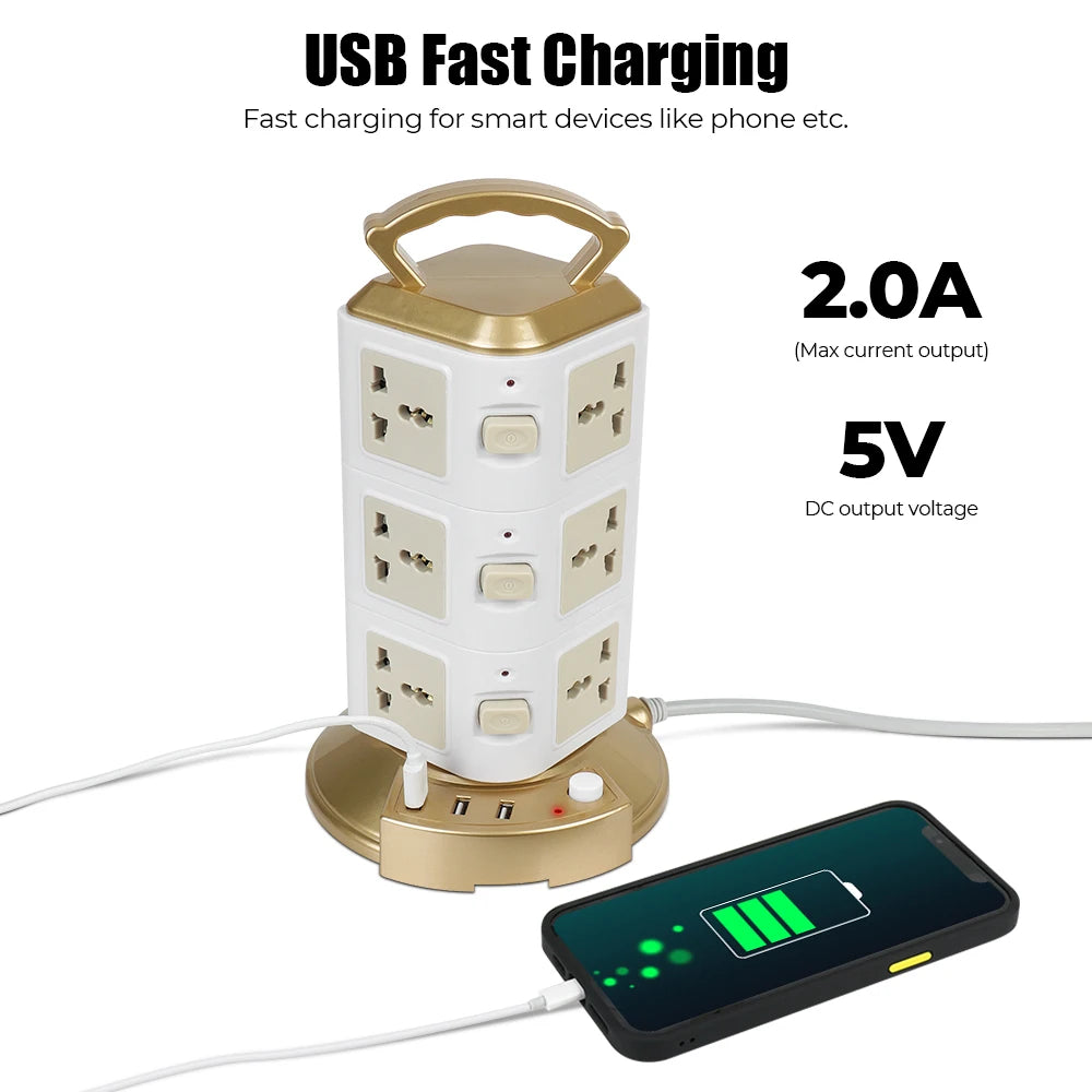 Universal Tower Power Strip (2500W) | 12 Outlets & 3 USB Ports