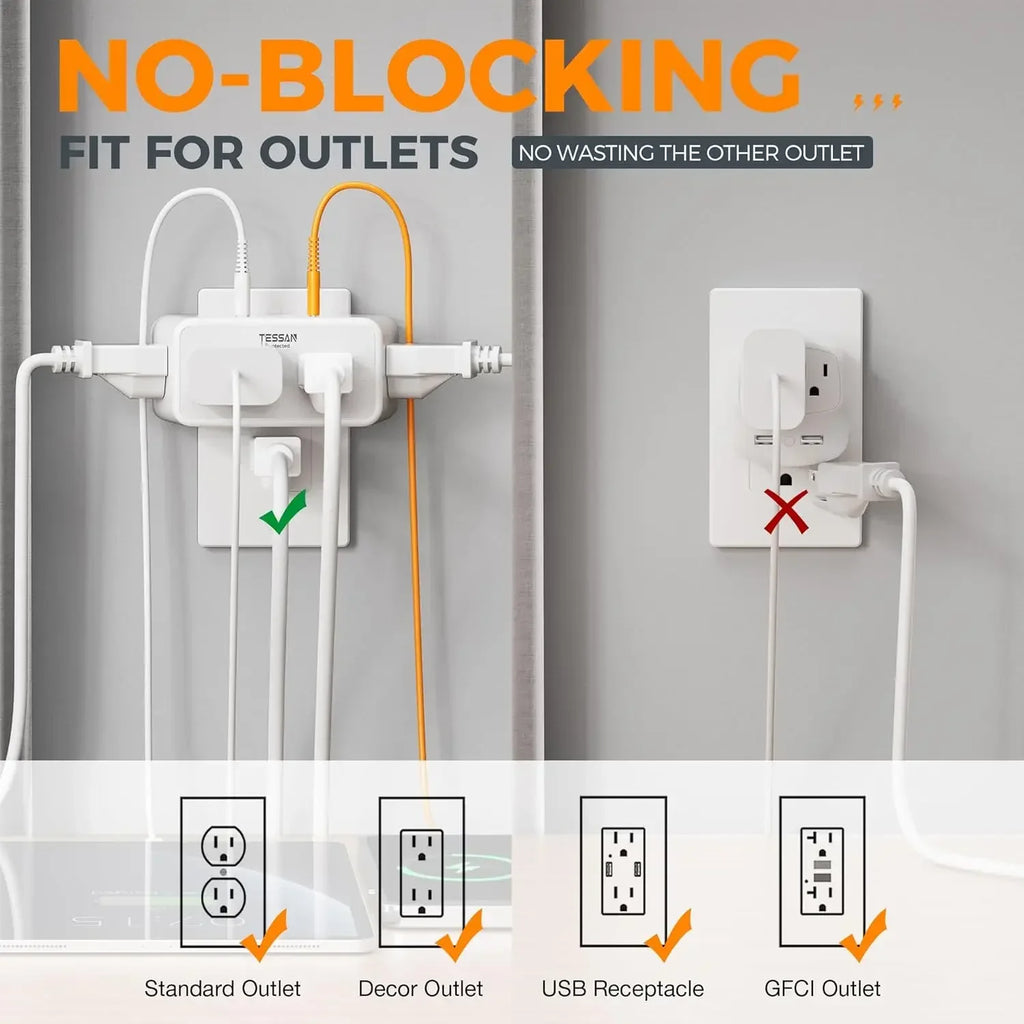 TESSAN 8-in-1 multi plug outlet splitter with  AC outlets and  USB ports, white