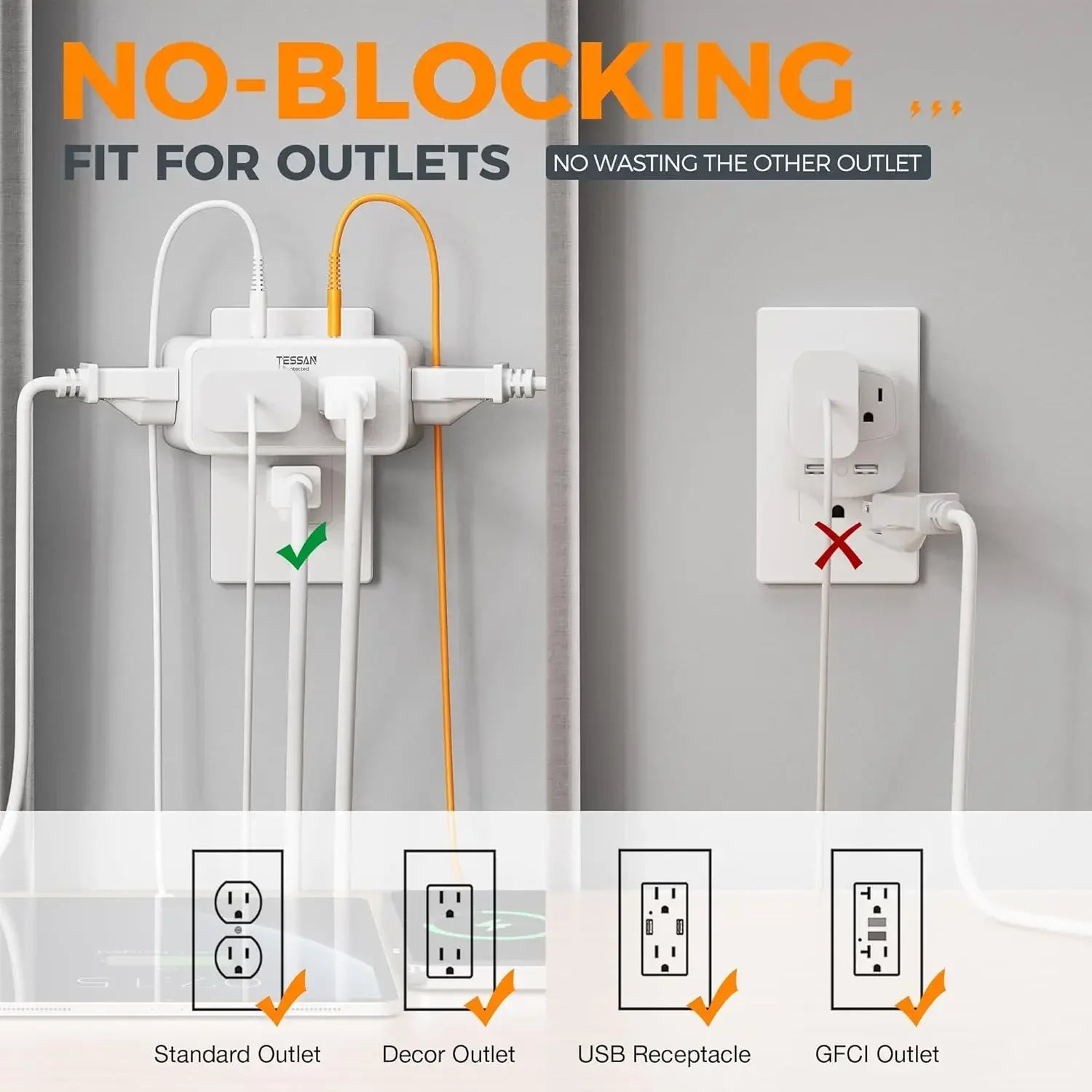 TESSAN 8-in-1 multi plug outlet splitter with  AC outlets and  USB ports, white