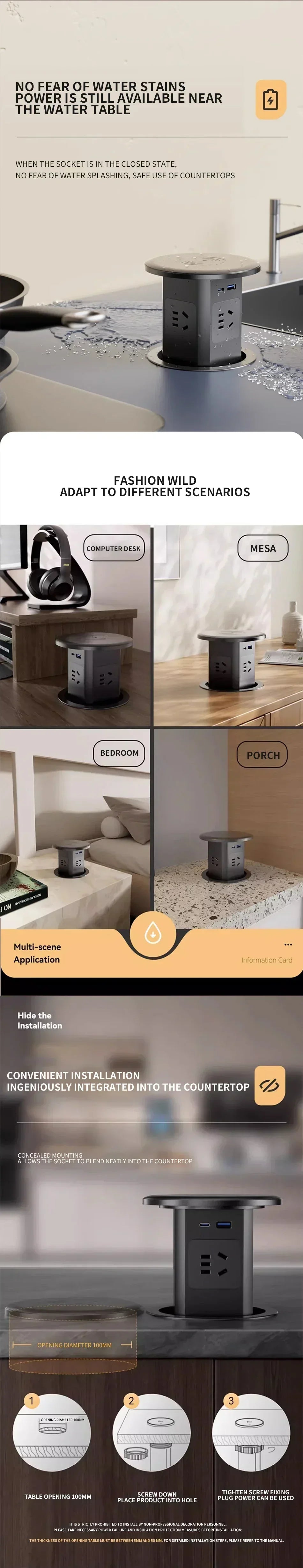 Intelligent Hydraulic Pop-Up Socket: Universal Plug, USB, Wireless Charging