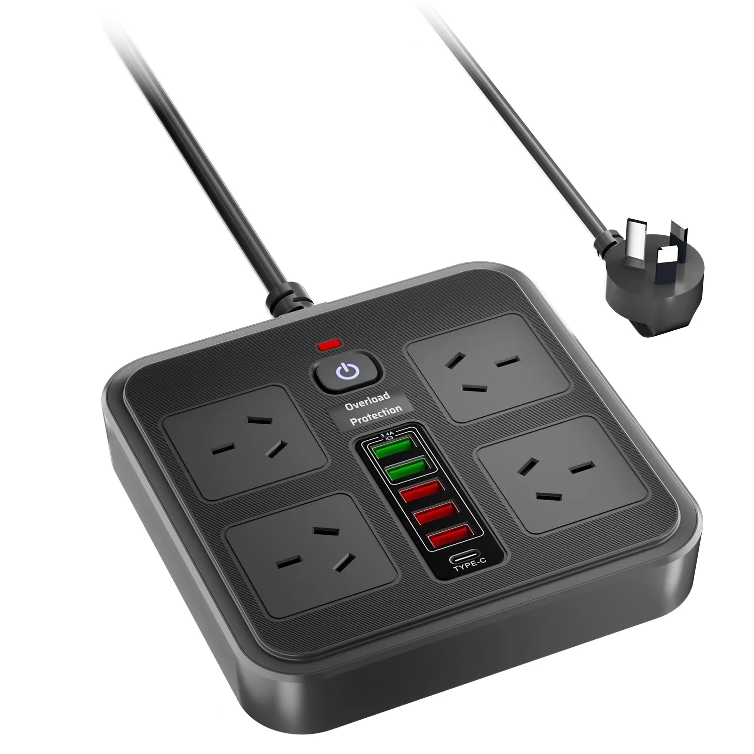 AU Plug Power Board:  AC Outlets,  USB-A,  USB-C, Overload Protection