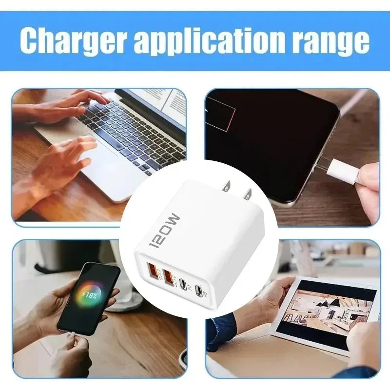 4-120W 4 Port USB Type C Charger Fast Charging Data Cable USB Phone Charger Adapter for Samsung IPhone Xiaomi Huawei Wall Charger