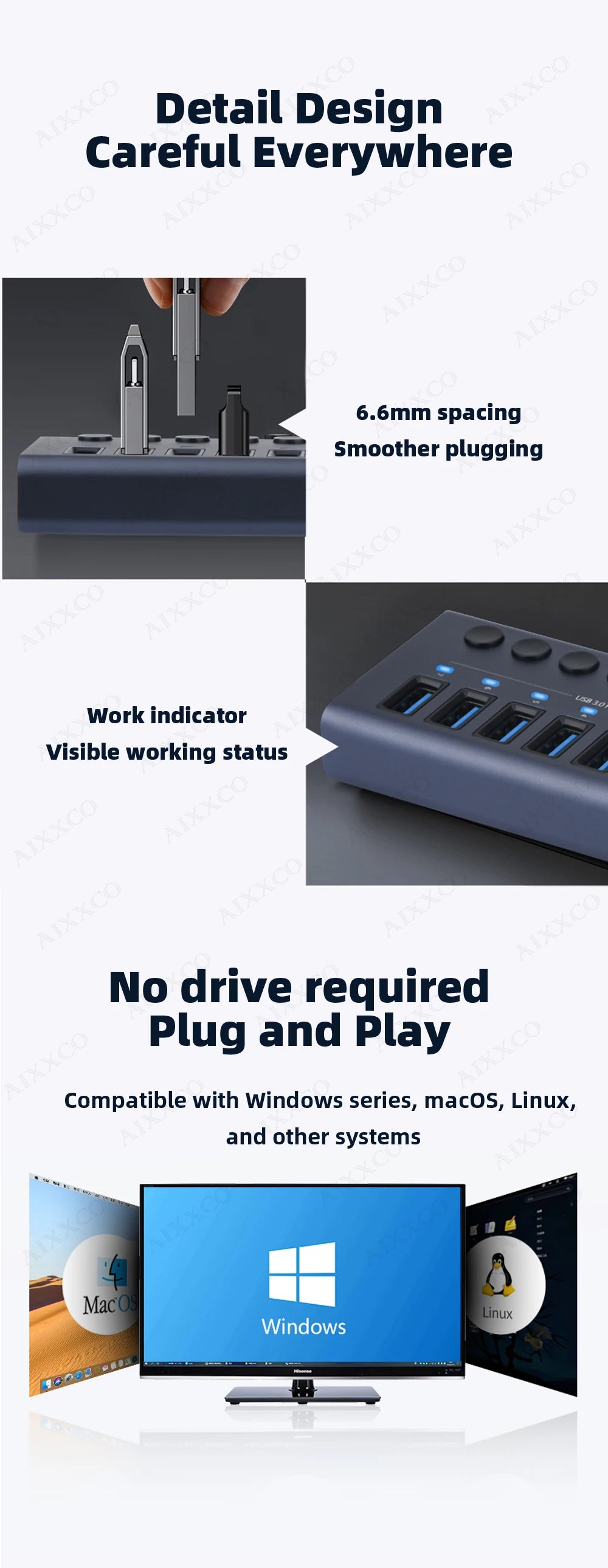 4-AIXXCO 10 Ports USB3.0 Splitter Computer Extender USB HUB 2.4A Fast Charging PD Port External 12V Power Supply