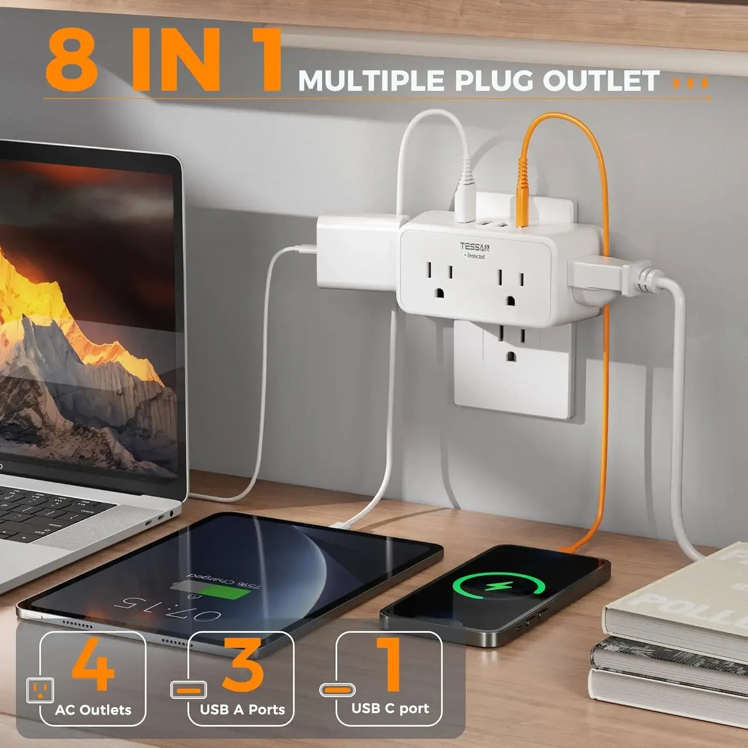 8-in-1 multiple plug outlet with AC outlets, USB A ports, and USB C port on a desk.