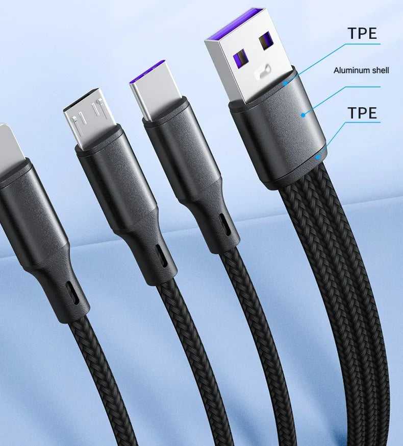 3 in 1 USB Charge Cable 3 Type-C 3 Micro USB Spliter Cord Fast Charging 5A For Mobile Phone Power Bank Charging Together 1.2m