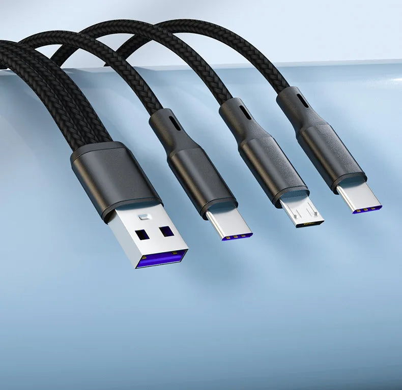 3 in 1 USB Charge Cable 3 Type-C 3 Micro USB Spliter Cord Fast Charging 5A For Mobile Phone Power Bank Charging Together 1.2m