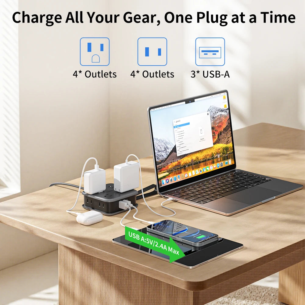 1-8 Outlet Power Strip with 3USB-A Ports 1.5m Extension Power Cord Universal Travel Adapter Network Filter Extension Cable US Plug