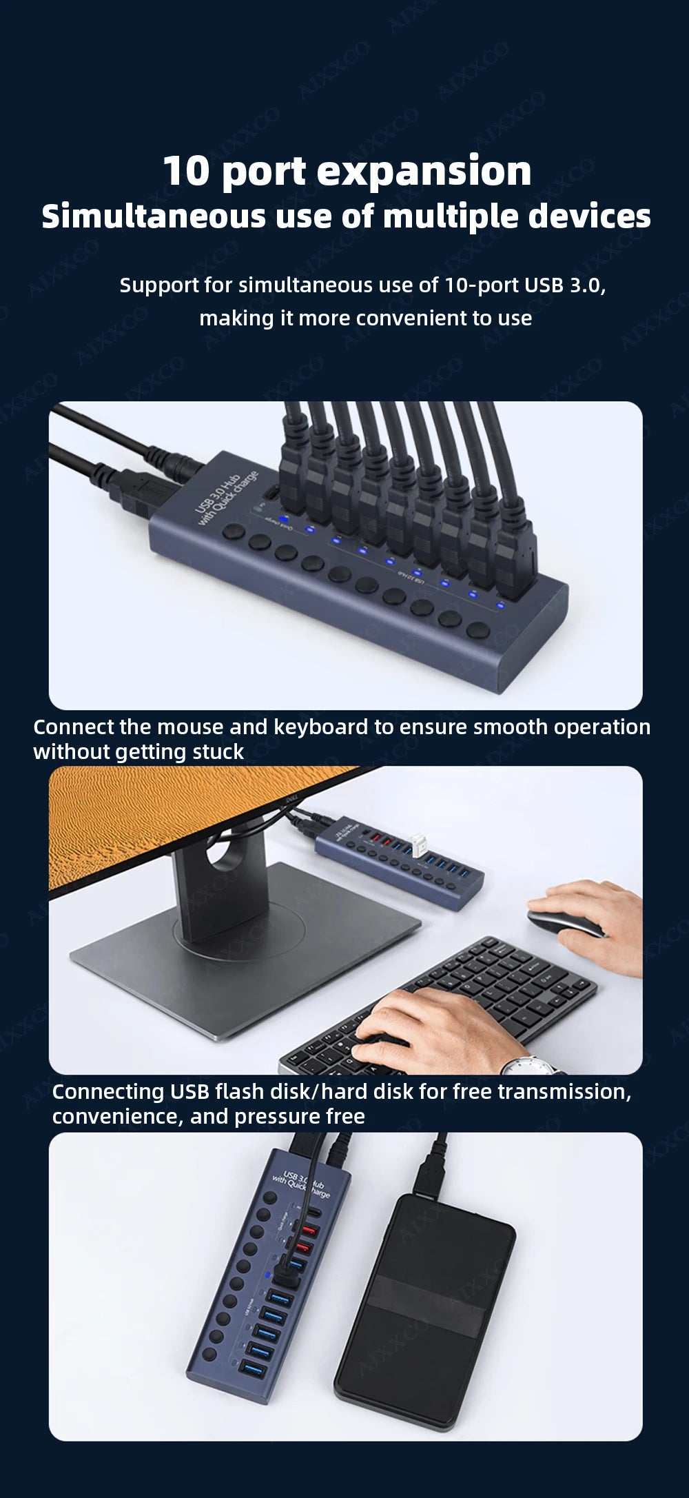 4-AIXXCO 10 Ports USB3.0 Splitter Computer Extender USB HUB 2.4A Fast Charging PD Port External 12V Power Supply