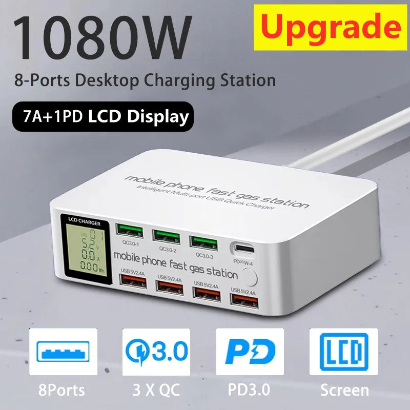 4-1080W Multi Ports USB Type C PD Fast Charger LED Display Quick Charge QC3.0 Desktop Charging Station for MacBook Samsung iPhone