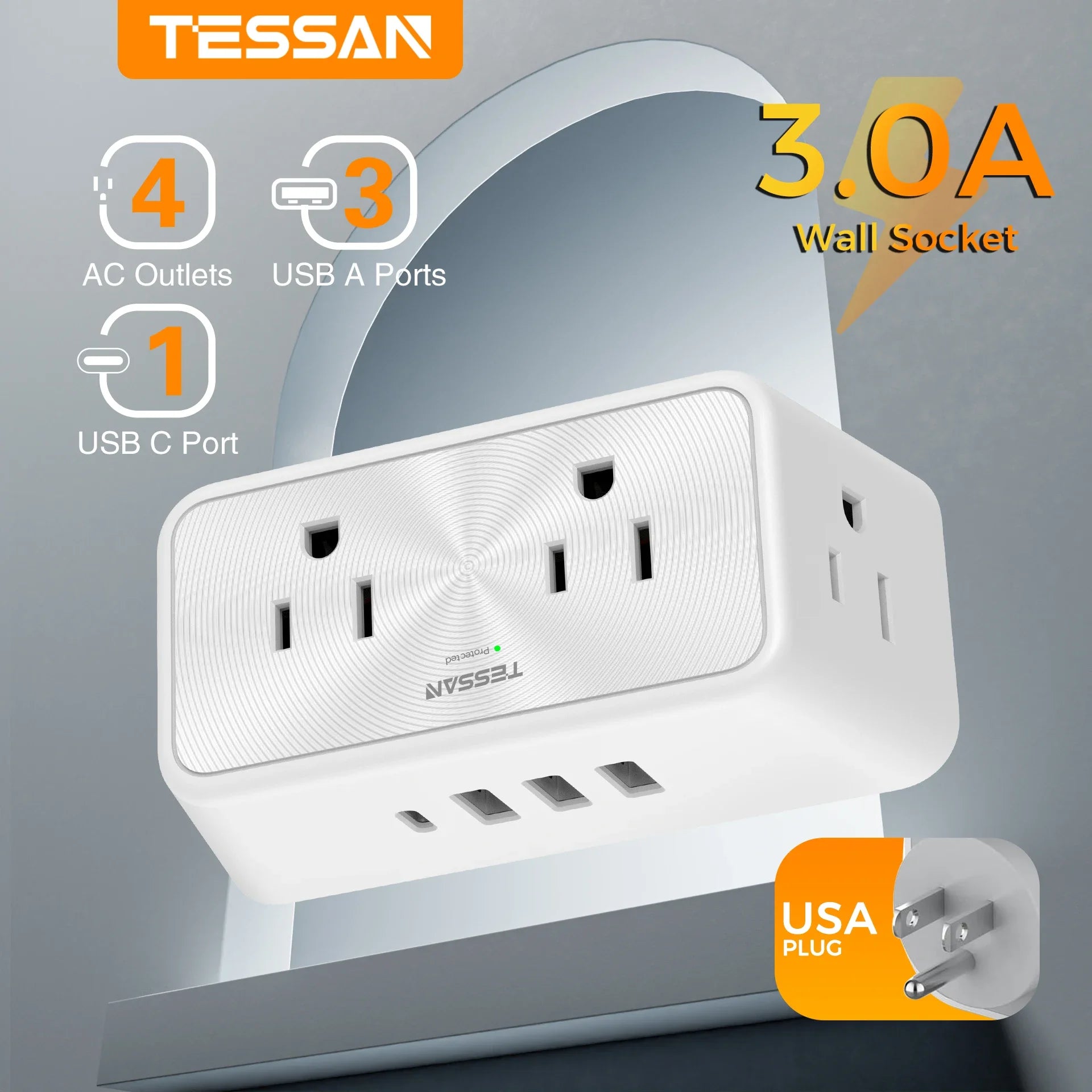 Tessan wall socket with multiple outlets and ports