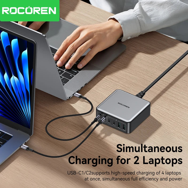 1-Rocoren 200W GaN Charger 6-ports Desktop Fast Charging USB Type C Charger Portable Power Station For iPhone 16 Pro Max Xiaomi 14