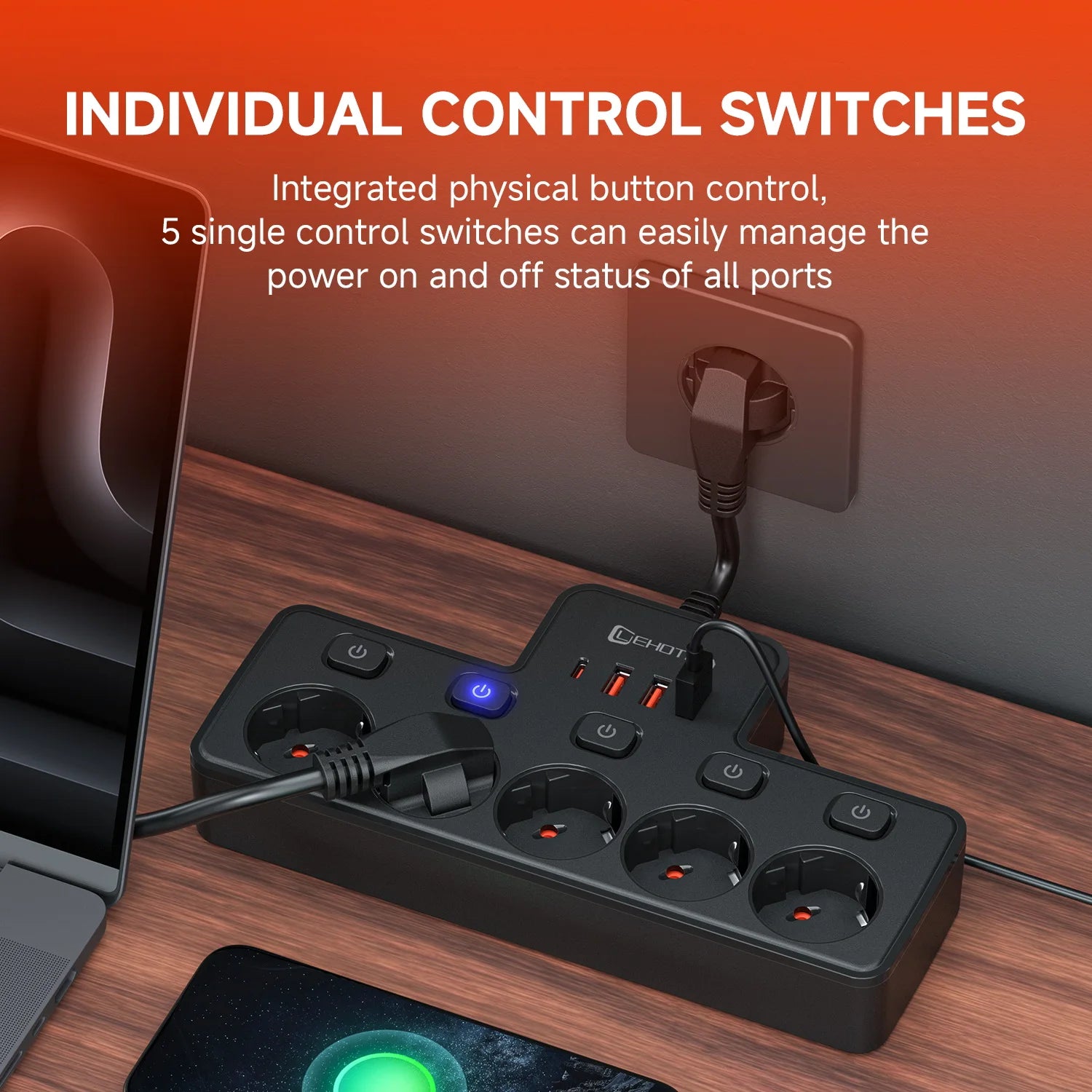 2500W EU wall-mounted power strip with independent switches and USB-C ports