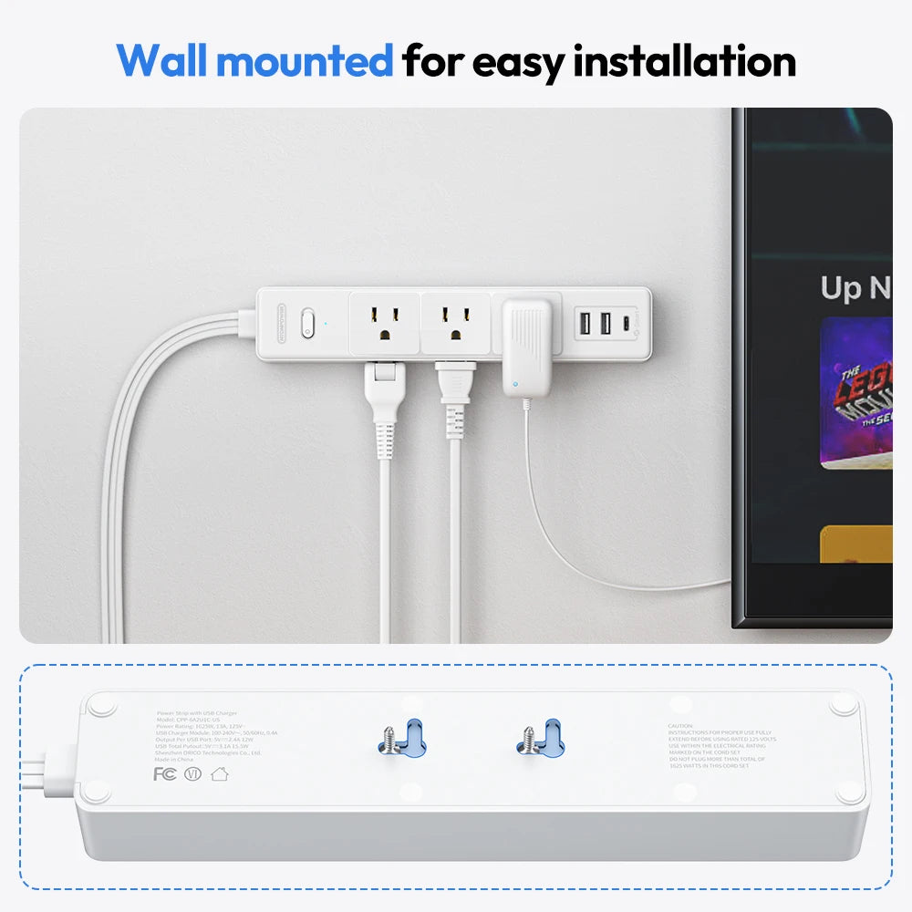 6 AC Outlet Power Strip with 3 USB Ports (1 USB-C) & 25FT Extension Power Cord Surge Protector & Network Filter US Plug