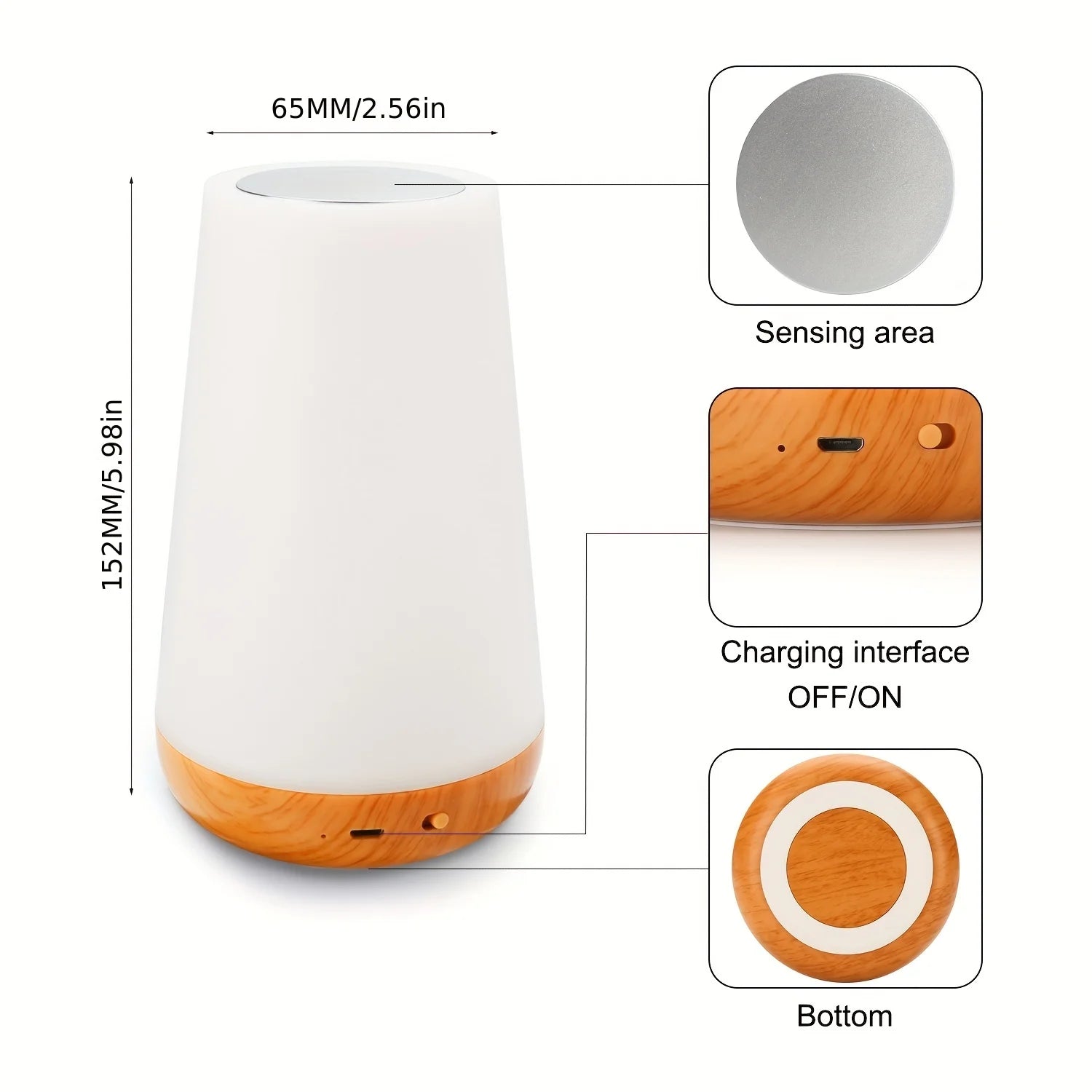 White and wooden night light with dimensions and feature labels on a white background