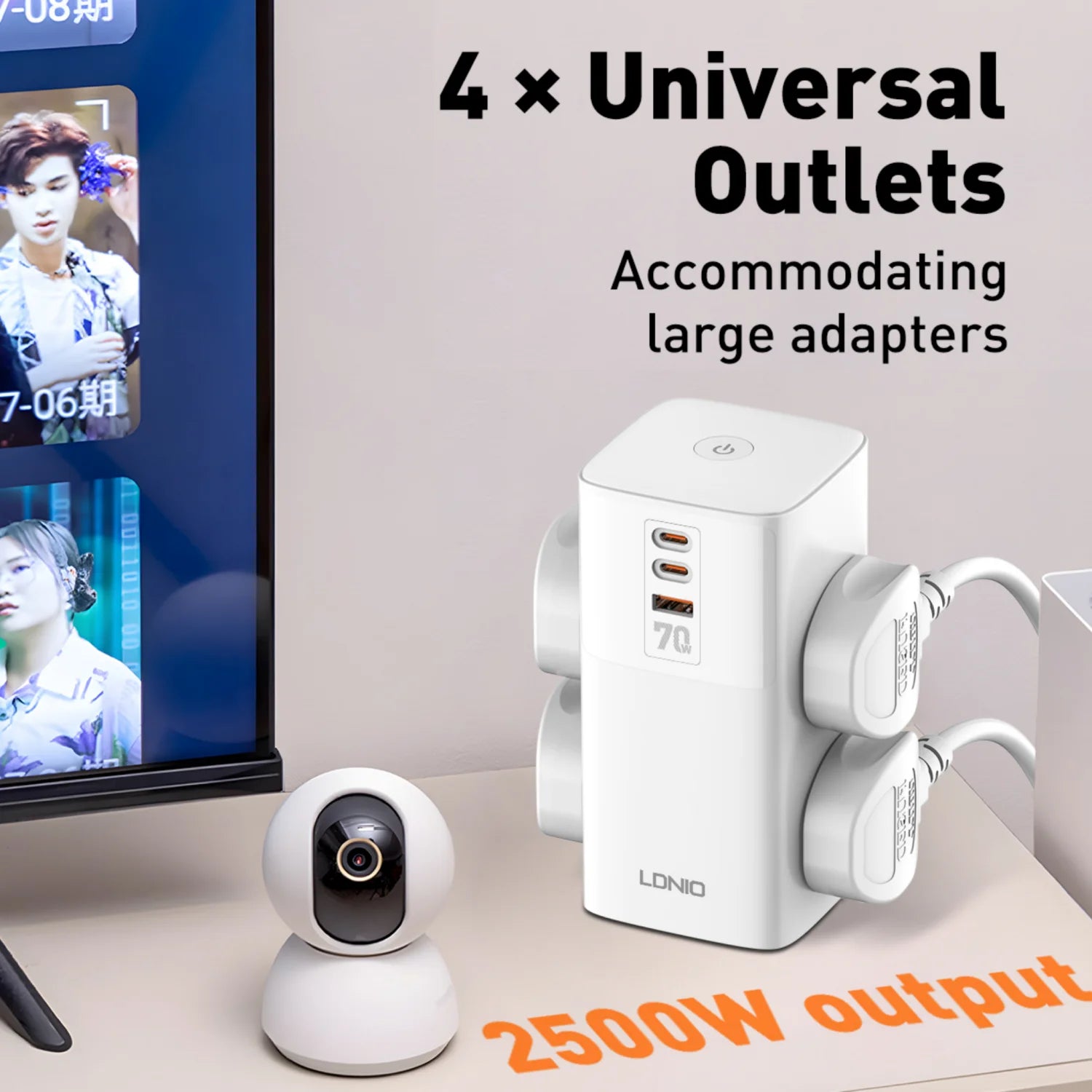 1-Tower 4 Way Outlets Socket 70W USB Multi Power Strip Vertical 2m Extension Power Cord UK EU US AU Plug with Overload Protector