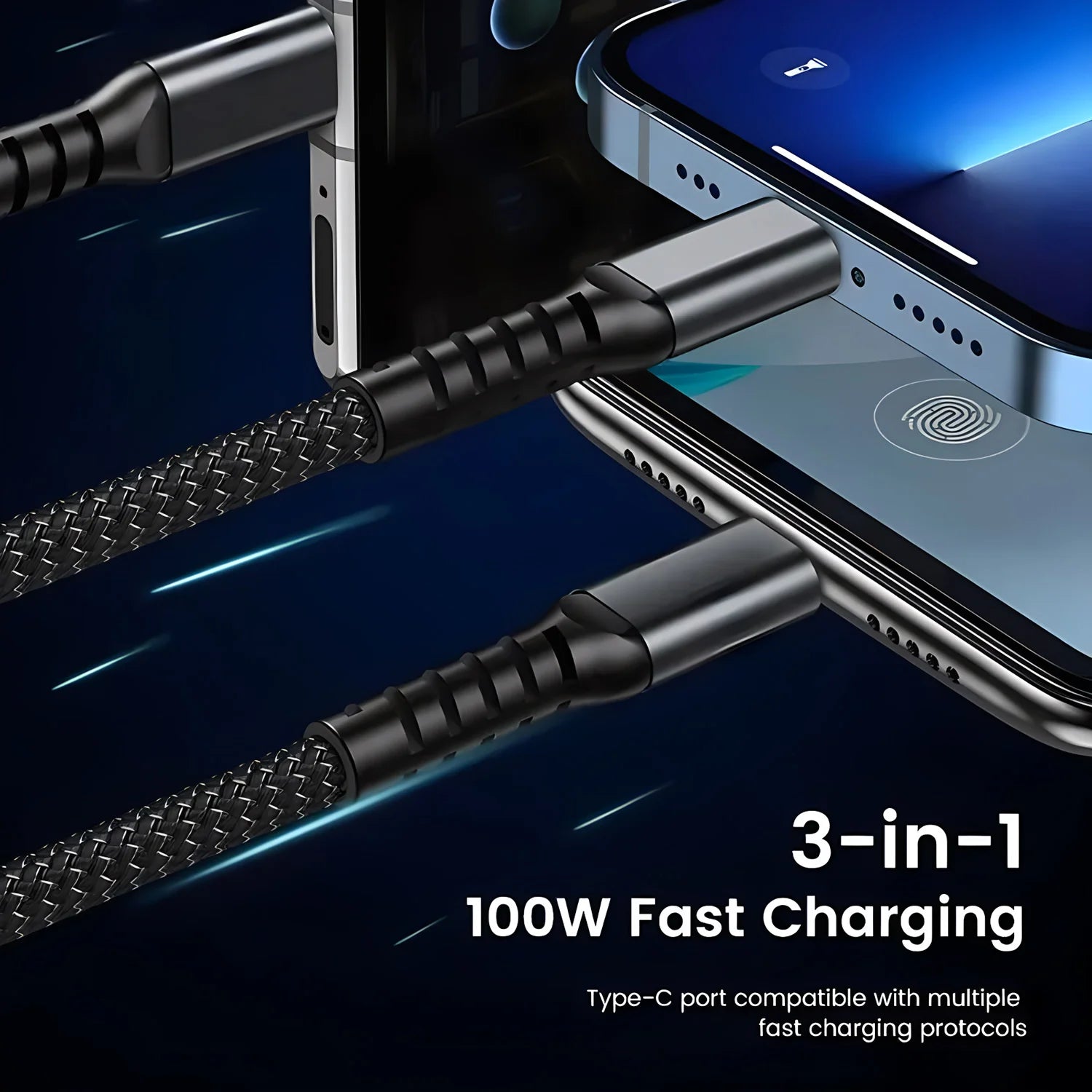 4-3-in-1 Braided Fast Charging Cable – USB-A to Type-C, Lightning & Micro USB (6A)