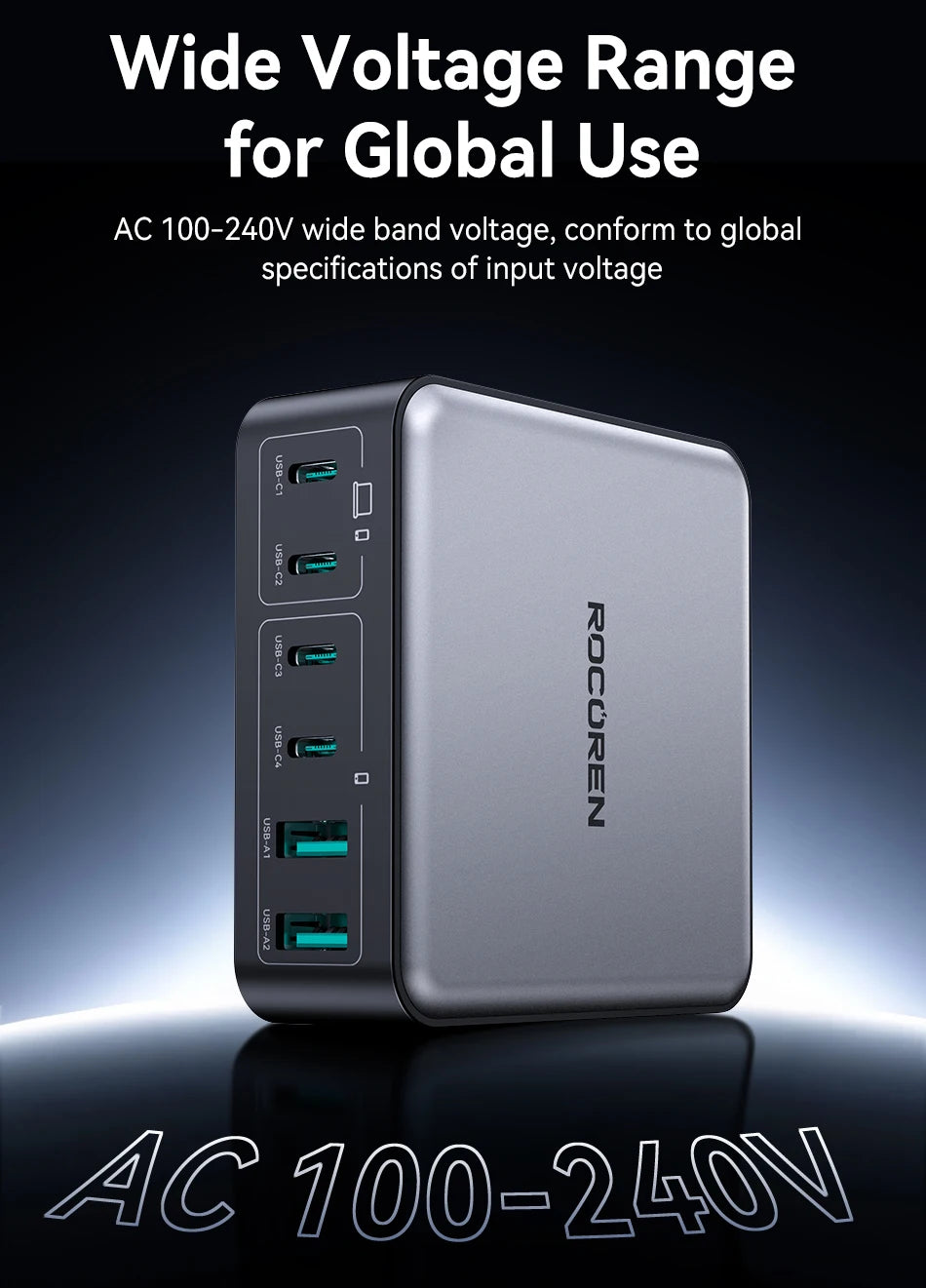 1-Rocoren 200W GaN Charger 6-ports Desktop Fast Charging USB Type C Charger Portable Power Station For iPhone 16 Pro Max Xiaomi 14