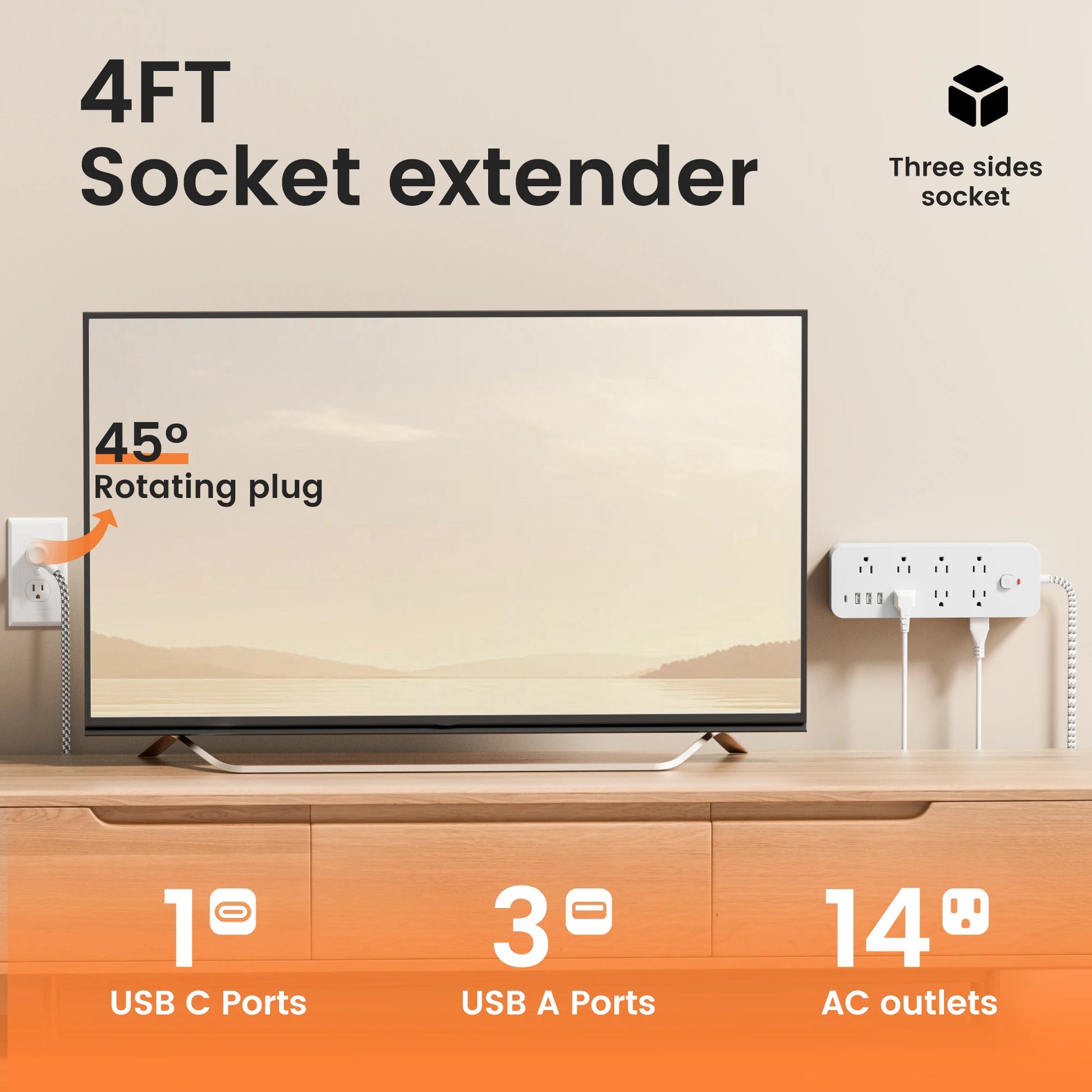 18-in-1 Multitap Power Strip US Plug AC Outlet USB Port Type C 4ft Braided Extension Cord Smart Home Electrical Socket Network