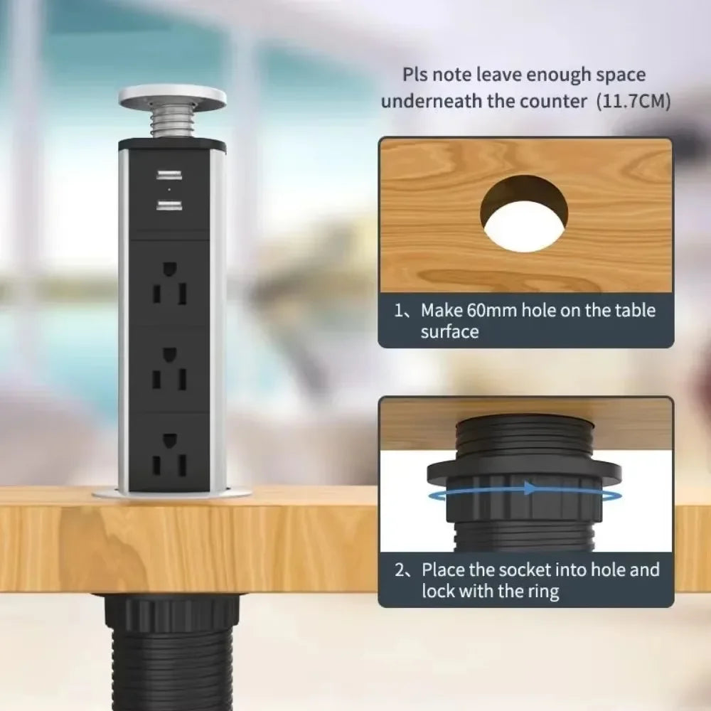 Melery Pop-Up Desk Power Strip: US Type-C, Hidden USB Charger, Tablet Sockets