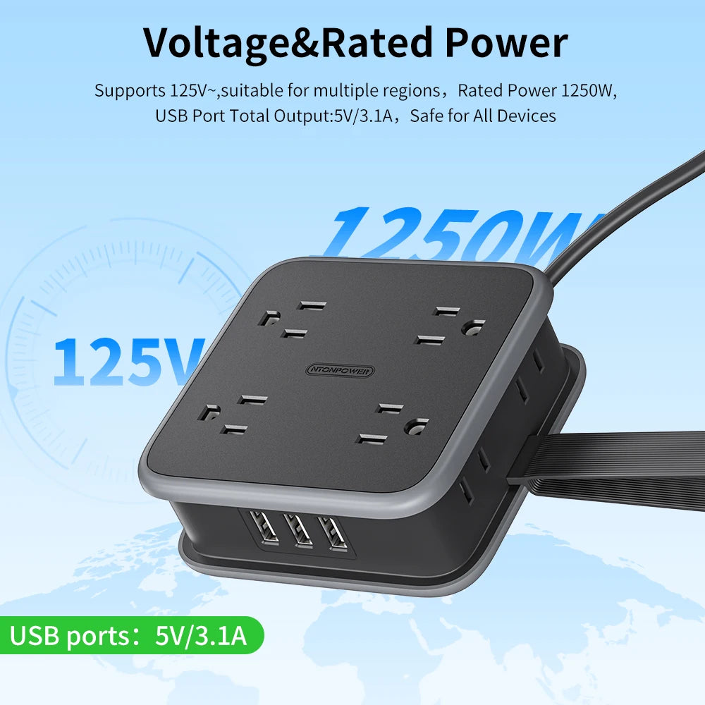 1-8 Outlet Power Strip with 3USB-A Ports 1.5m Extension Power Cord Universal Travel Adapter Network Filter Extension Cable US Plug