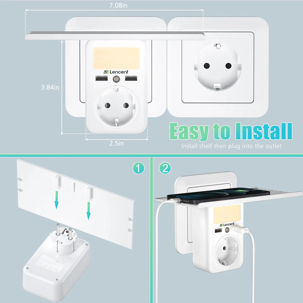 LENCENT EU Plug Wall Socket with 1 AC Outlet 2USB Ports Wall Charger Adapter with Rack Adjustable Nigh Light for Home/Office