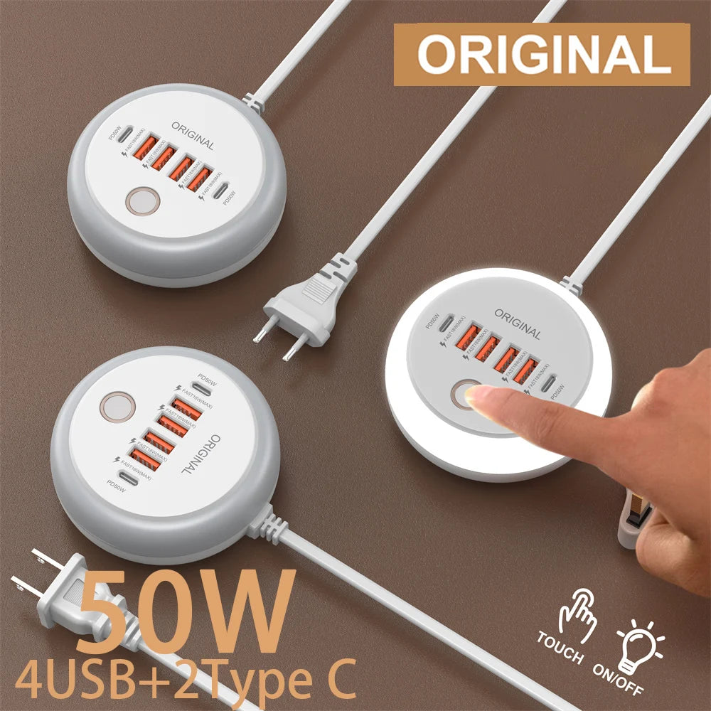 1-PD 50W Charger USB Type C 6 Ports QC3.0 Mobile Phone Wall Adapter With Touch LED Light For iPhone Samsung Xiaomi Travel Charger