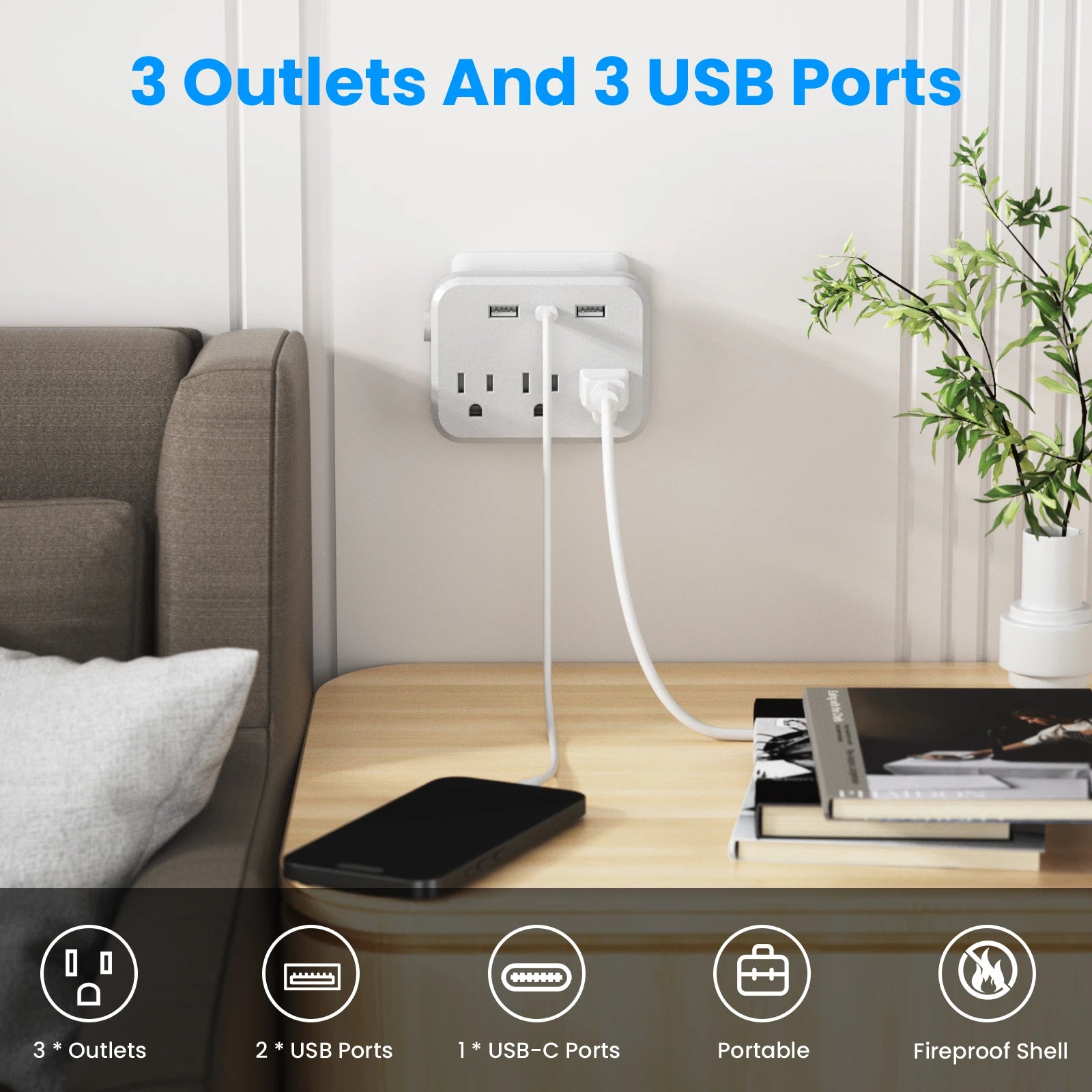 TRANSTON US Switch with surge protector Mini Portable power strip 6-in-1 Multifunctional 3 power strip 2 USB ports 1 Type-C wh