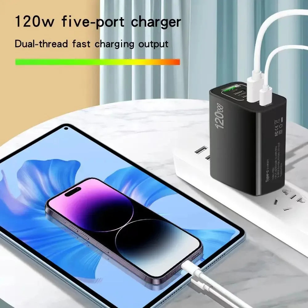 5 Ports USB Charger PD Fast Charging 120W Phone Charger Adapter For iPhone Samsung Xiaomi Huawei Multi Ports Type C Wall Charger