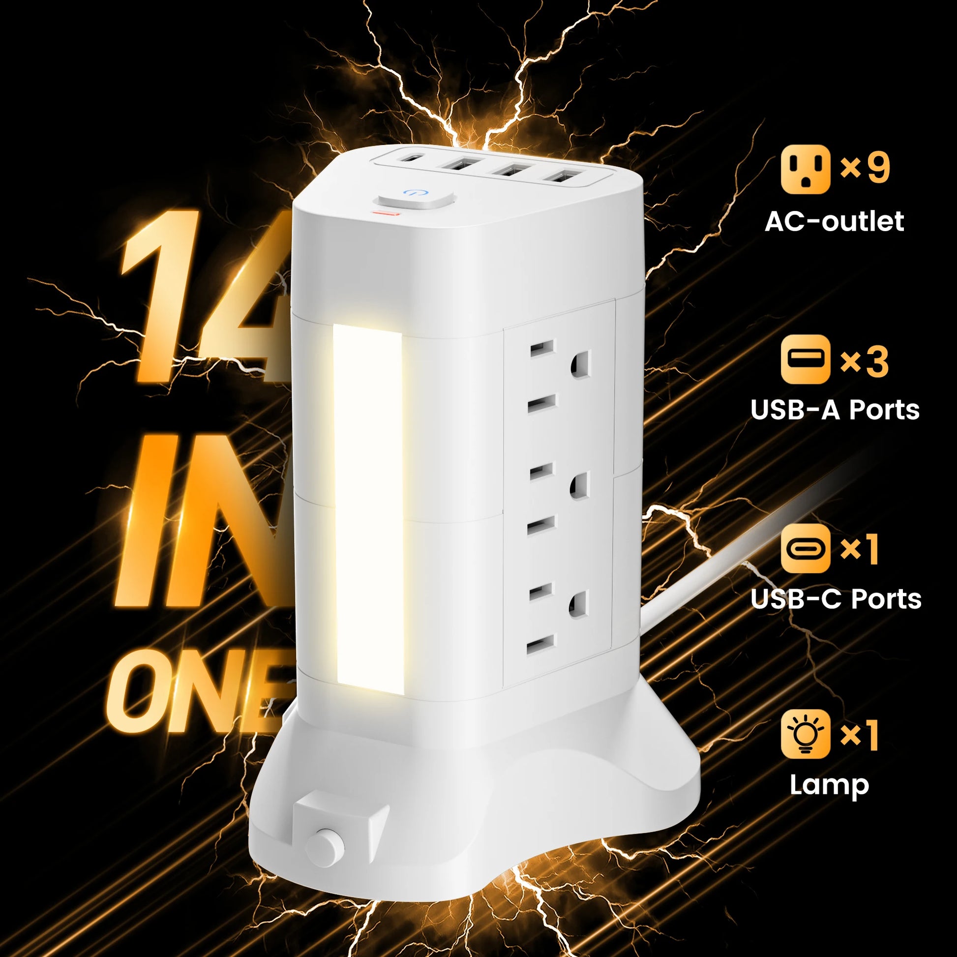 10Ft Extension Cord With 13 Outlets Surge Protector Power Strip Tower With 4 USB (3 USB-A & 1 USB-C) 3 Color Temps Night Lights