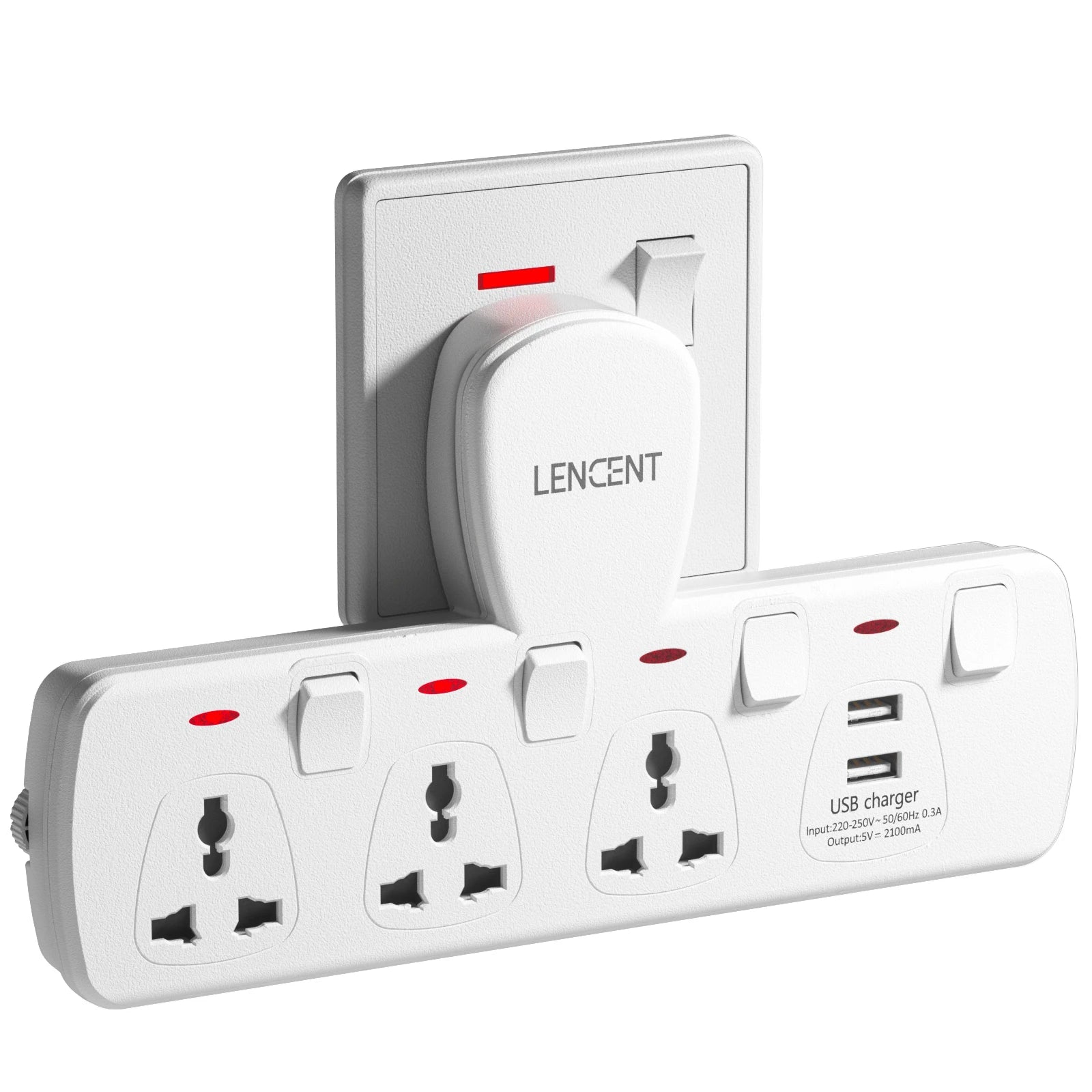 Lencent electrical outlet with multiple sockets and USB ports on a white background