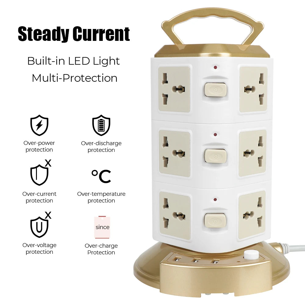 Universal Tower Power Strip (2500W) | 12 Outlets & 3 USB Ports