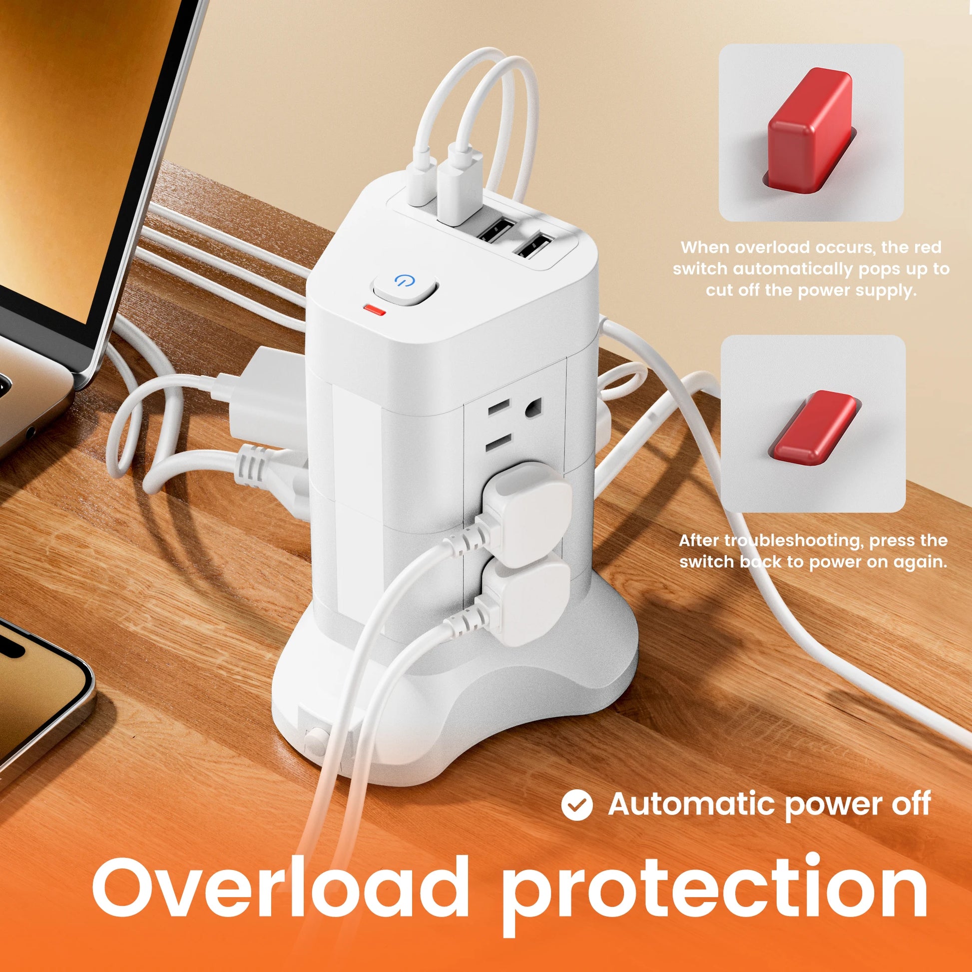 10Ft Extension Cord With 13 Outlets Surge Protector Power Strip Tower With 4 USB (3 USB-A & 1 USB-C) 3 Color Temps Night Lights